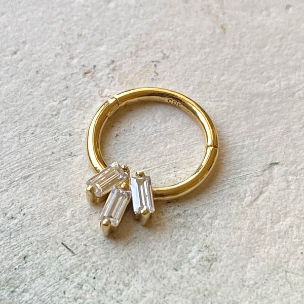 Baguette Fan Septum Ring - 14K Solid Gold Hoop Helix Piercing, Hinge Hoop Piercing, Tragus Piercing, Nose Ring, Daith Piercing