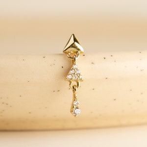 Delicados pendientes colgantes de oro macizo de 14 quilates con parte posterior plana y rosca, piercing para hélice, pendientes con segundo orificio, pendientes colgantes para cartílago de 18 g