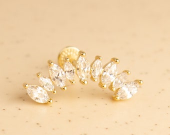 14K Solid Gold Curved Marquise CZ Conch Earring, Helix Piercing Stud