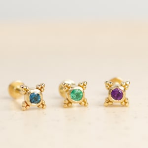 Emerald/Amethyst/London Blue Topaz 14K Solid Gold Tragus Earring, Screw Flat Back Stud Piercing, 18Gauge Helix Earring