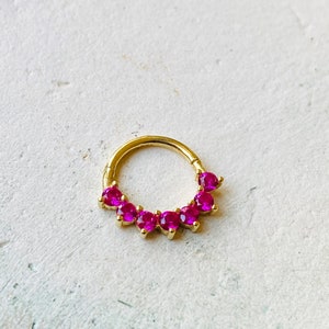 Ruby (CZ) Prong Setting Hinge Hoop Piercing - 14K Real Gold Hinge Septum Clicker, Hoop Helix Earring, Cartilage Hoop Piercing, Tragus, Daith