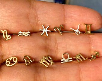 ZODIAC SIGN PIERCING- 14K Real Gold Zodiac Sign Stud Cartilage Earring, Helix Piercing, Handcrafted Tragus Piercing