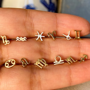 ZODIAC SIGN PIERCING- 14K Real Gold Zodiac Sign Stud Cartilage Earring, Helix Piercing, Handcrafted Tragus Piercing