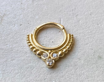 Beads Cluster Edgy Septum Ring - 14K Real Gold Hinge Hoop Piercing, Nose Ring, Septum Clicker, Daith Piercing, Hoop Helix Piercing,