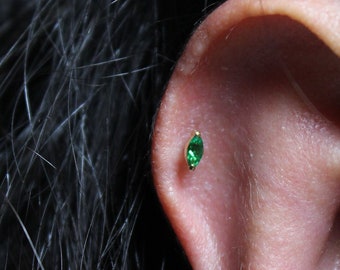 TSAVORITE MARQUISE Flat Back Tragus Earring, 14K Real Gold Flat Back Helix Piercing, Green Garnet Piercing