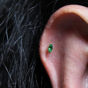TSAVORITE MARQUISE Flat Back Tragus Earring, 14K Real Gold Flat Back Helix Piercing, Green Garnet Piercing