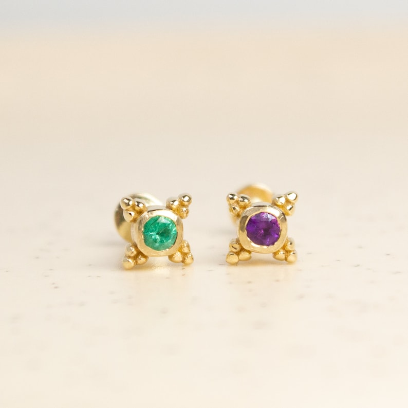 Natural Amethyst 14 Karat Solid Gold Screw Flat Back Tragus Earring, Cartilage Piercing, Stud Helix Earring, Stud Piercing image 2