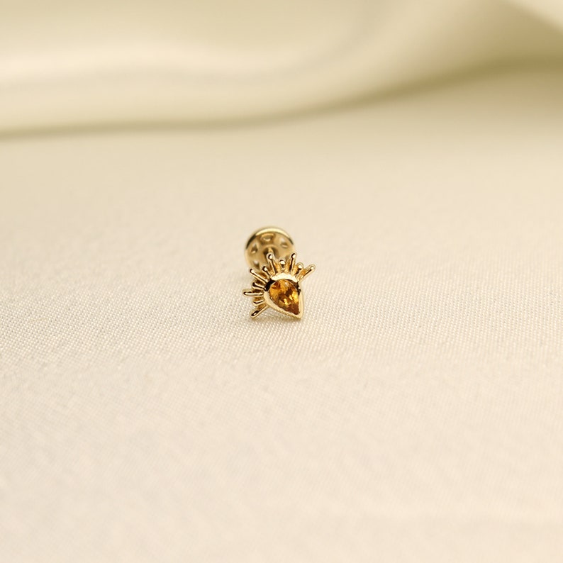 Citrine 14K Solid Gold Stud Flat Back Piercing, Internal Threaded Screw In, Tragus Earring image 2