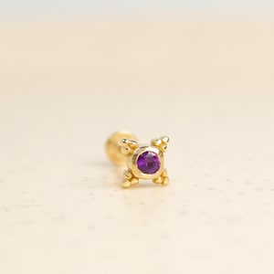 Natural Amethyst 14 Karat Solid Gold Screw Flat Back Tragus Earring, Cartilage Piercing, Stud Helix Earring, Stud Piercing
