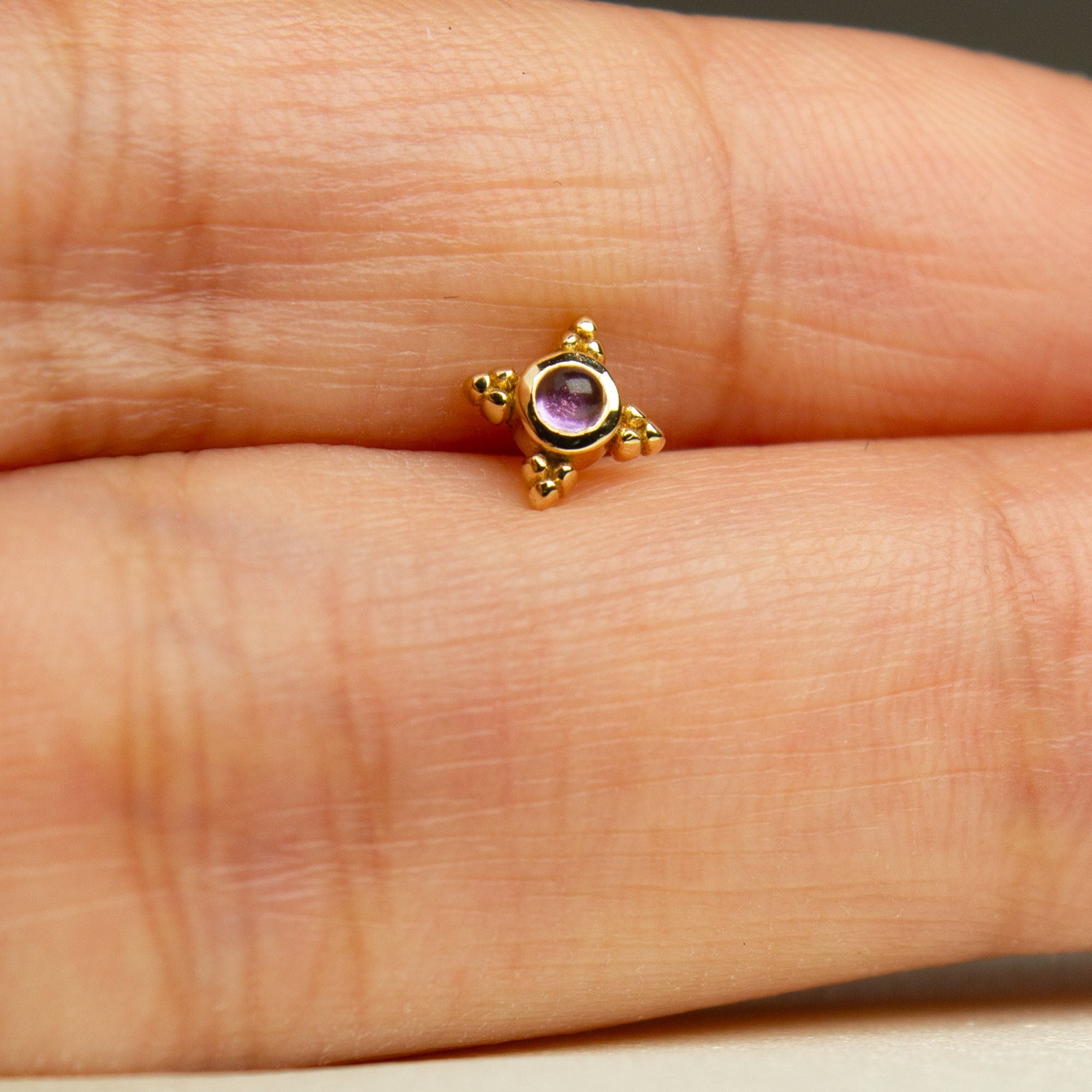 Amethyst Flat Back Stud Piercing - 14K Solid Gold Mini Tragus Earring - Helix Earring - Cartilage Piercing - Cabochon Cut Amethyst