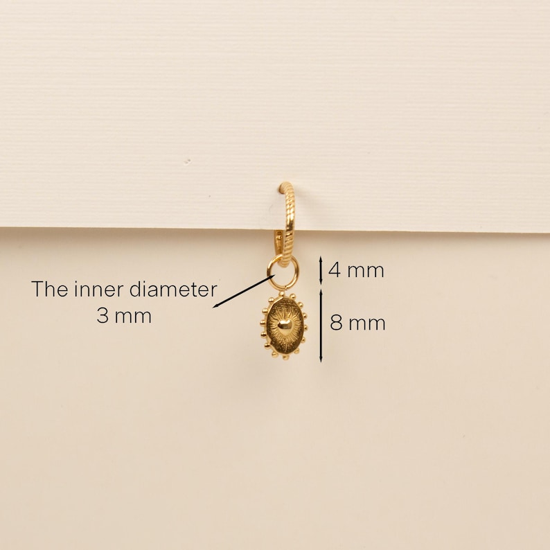 Pu&ograve; includere: Orecchino a cerchio dorato con un piccolo ciondolo di forma ovale. Il ciondolo ha un design a forma di sole con un centro rialzato. Il diametro interno dell'anello &egrave; di 3 mm, il ciondolo misura 8 mm di lunghezza e 4 mm di larghezza.