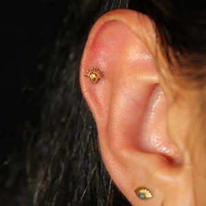 Citrine 14K Solid Gold Stud Flat Back Piercing, Internal Threaded Screw In, Tragus Earring image 4