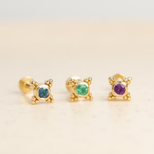 Natural Amethyst 14 Karat Solid Gold Screw Flat Back Tragus Earring, Cartilage Piercing, Stud Helix Earring, Stud Piercing image 4