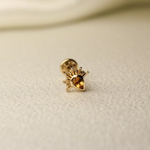 Citrine 14K Solid Gold Stud Flat Back Piercing, Internal Threaded Screw In, Tragus Earring image 3