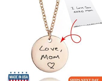 Engraved Handwriting Disc Necklace, Personalized Keepsake Jewelry, Valentines Day Gift