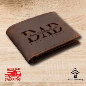 Cartera de cuero para hombre, regalo para el Día del Padre, cartera con nombre para papá e hijos, cartera grabada personalizada, regalo de aniversario para él, cartera de cuero