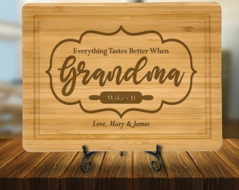 Grandma Cutting Bamboo Board Gift, Mothers Day Gift, Personalized Grandma Kitchen Board, Custom Engraved Board,Everything Tastes Better Gift