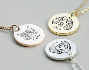Personalized Pet Portrait Face Necklace with Name, Custom Dog or Cat Engraved Jewelry, Pet Memorial Gift, Animal Lover Gift Idea
