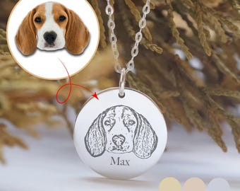 Custom Pet Portrait Necklace with Name, Personalized Dog or Cat Face Engraved Jewelry, Pet Memorial Gift, Animal Lover Gift Idea