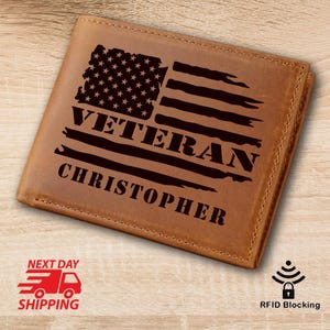 Cartera de cuero grabada con nombre personalizado para veteranos estadounidenses, accesorio patriótico, regalo para el Día del Padre, regalo para él