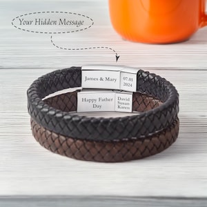 Engraved Leather Bracelet for Men: Personalized Hidden Message, Magnetic Clasp