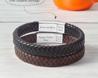 Engraved Leather Bracelet for Men, Fathers Day Gift, Personalized Hidden Message, Magnetic Clasp