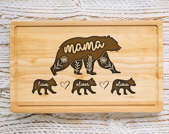 Personalized Bamboo Cutting Board, Mother's Day Gift, Engraved Mama Bear Family Kitchen Decor