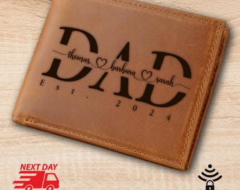 Personalized Leather Dad Wallet, Valentines Day, Custom Engraved Fathers Day Gift