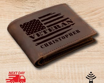 Personalized Veteran Wallet, Custom Name Leather Wallet Gift for Men, Military Soldier Gift, RFID Blocking Bifold Wallet, USA Flag