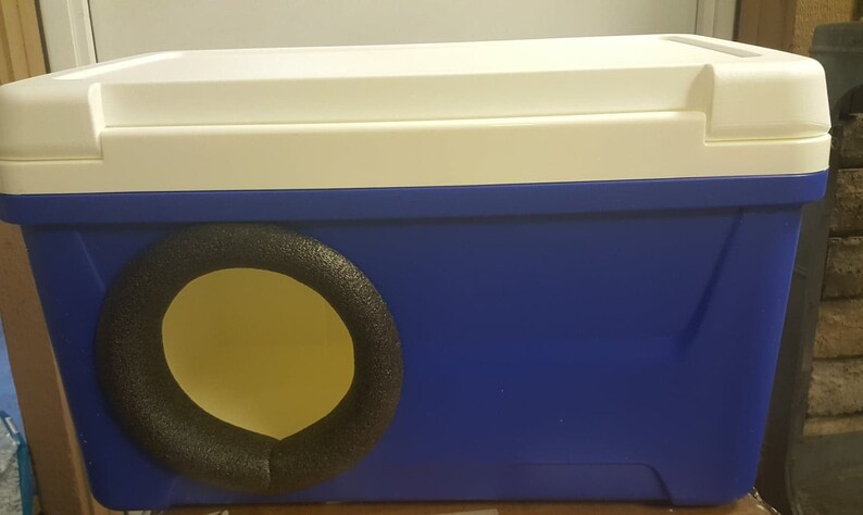 May include: A blue and white cooler with a round opening covered in black foam. The cooler is a repurposed item used as a pet bed.