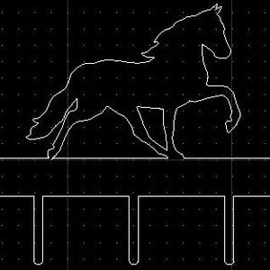 Puede incluir: Silueta de cuatro caballos saltando sobre una valla con ocho postes. Los caballos son negros y la valla es blanca.