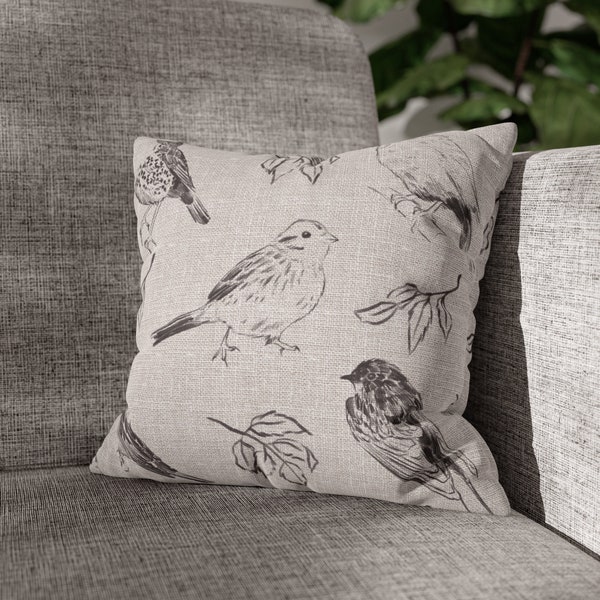 Forest Birds Throw Pillow Cover, Botanical Pillow, Bird Lover, Bird Pillow, Designer Pillows, Neutral Color Pillow, Gray and Beige Pillow