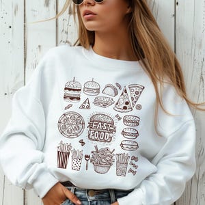 Fast Food Doodle Sweatshirt, Funny Foodie Sweatshirt, Burger Fries Pizza Pasta Shirt, Fast Food Lover Gift, Streetwear Hipster Shirt for Men