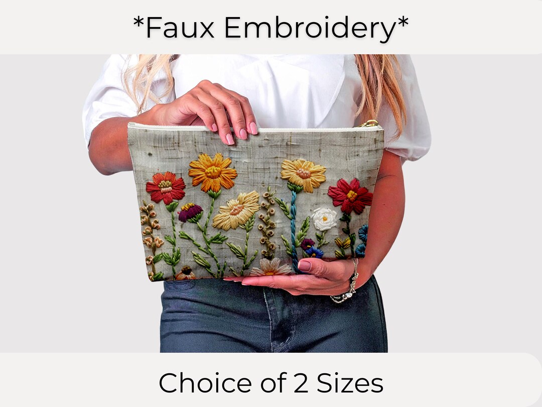 Embroidery Print Wildflower Zipper Pouch - Floral Accessory Bag ...