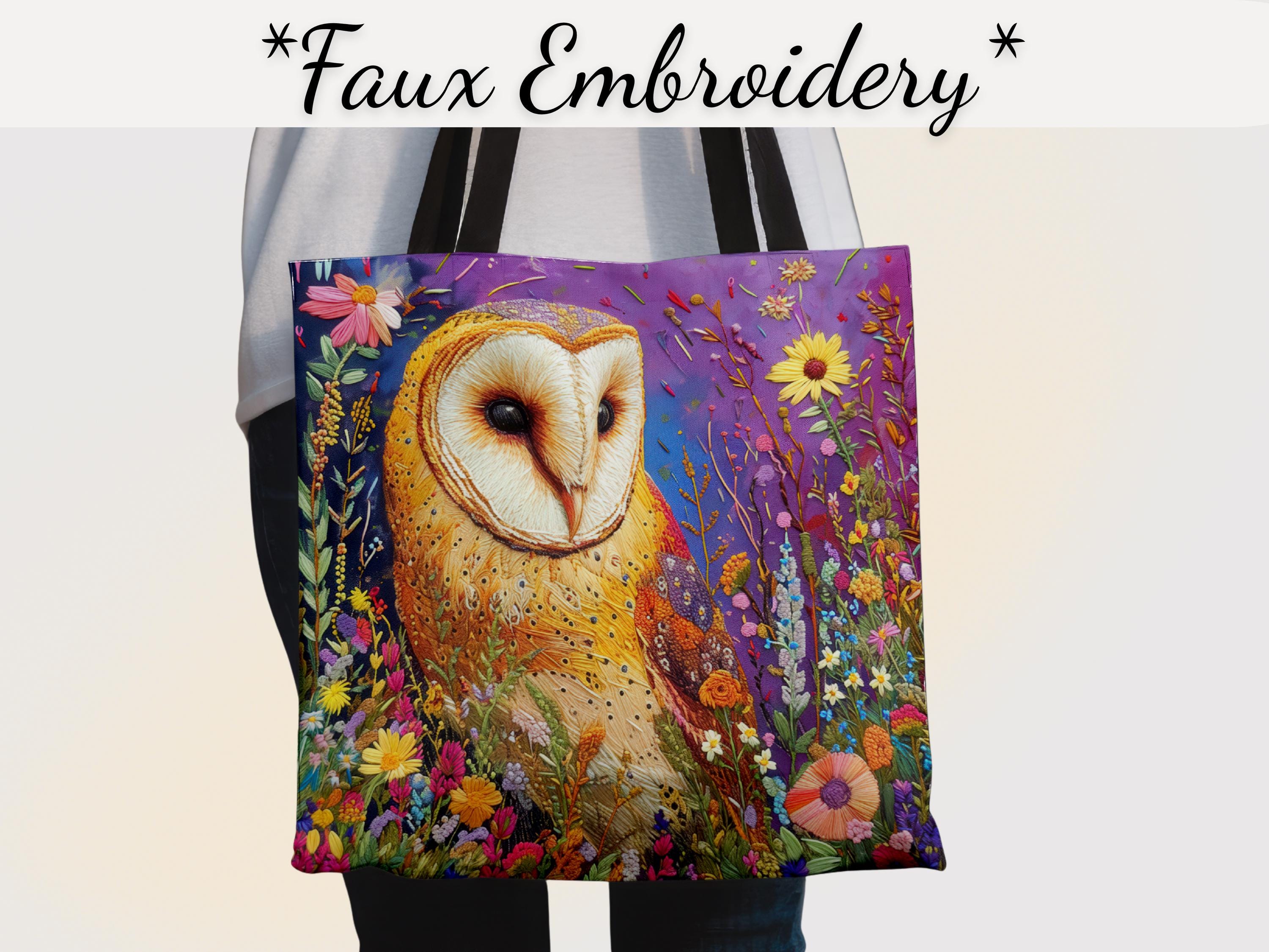 Faux Embroidered Floral Owl Tote - Whimsical Barn Owl Gift for Nature Lover - Cottagecore Shoulder B