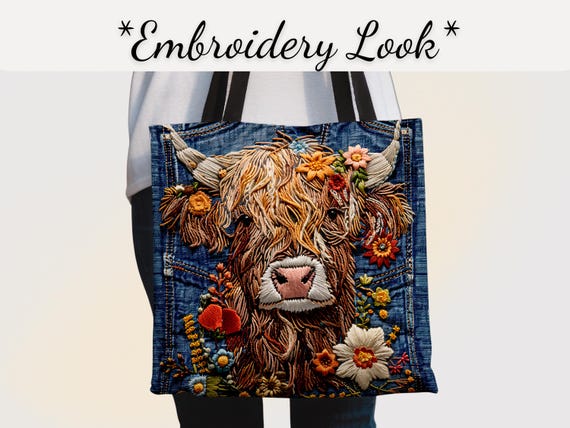 Highland Cow Tote Bag with Embroidered Look - Floral Highland Cow Gift - Country Girl Gift