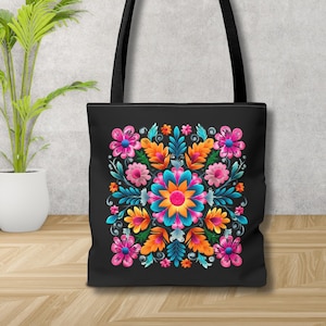 Mexican Flower Tote Bag, Embroidered Look Mexico Folklore Tote, Ethnic Design Tote, Cinco de Mayo Gift, Mexican Style Latina Talavera Bag