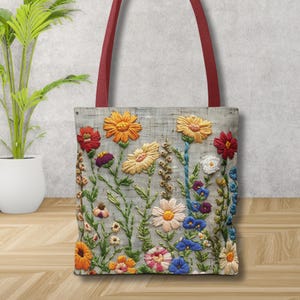 Borsa tote con fiori di campo ricamata, regalo floreale per la mamma, graziosa borsa tote floreale, borsa tote estetica, borsa per la spesa floreale, regalo per la festa della mamma per lei