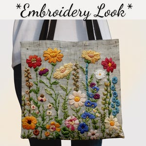 Embroidered Look Wildflower Tote Bag - Boho Floral Gift for Her on Mothers Day - Flower Tote Women