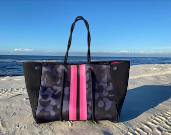 Neoprene Black Camo Pink Stripe Large Beach Pool Sports Travel Gym Studio Office School Tote Bag Catchall by Dallas Hill