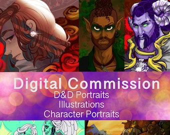 May include: Digital art commission for Dungeons and Dragons portraits, illustrations, and character portraits. The image shows a collage of different digital art pieces, including a woman with red hair, a man with a beard and a crown, a woman with green hair, and a man with a beard and a hat.
