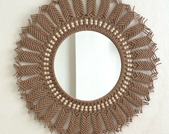 Large Macrame Mirror, Brown Macrame Wall Hanging Mirror, Bedroom Decor, New Home Gift, Boho Home Decor, Bohemian Baby Room Decor