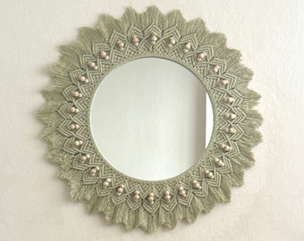 Mint Green Macrame Mirror, Beaded Boho Wall Decor