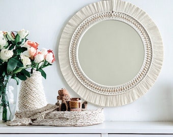 Large White Macrame Wall Mirror, Beaded Boho Decor