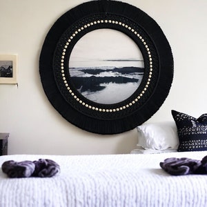 Black Round Hanging Mirror, Macrame Mirror, Bohemian Mirror, New Baby Room Decor, Bead Mirror, Christmas Gift, Bedroom Mirror