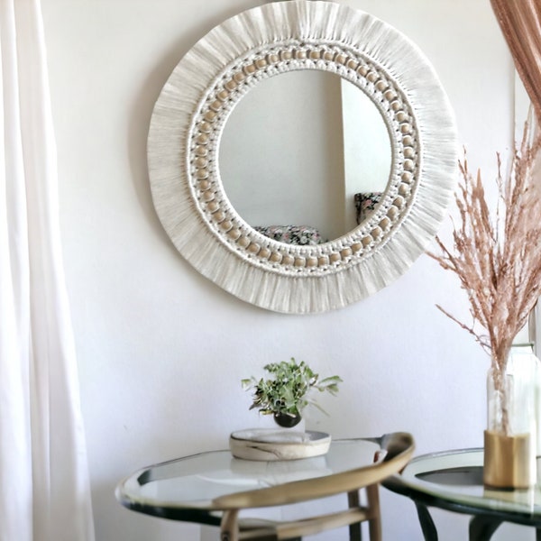 White Large Macrame Mirror, New Baby Room Decoration , Bohemian Round Mirror, Bedroom Mirror,Woven Round Hanging Mirror ,  Next Day Shipping