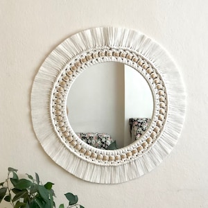 White Macrame Mirror, New Baby Room Decoration, Mandala Macrame Mirror,  Bead Mirror, Christmas Decor Gift, Gift For Mom, Next Day Shipping