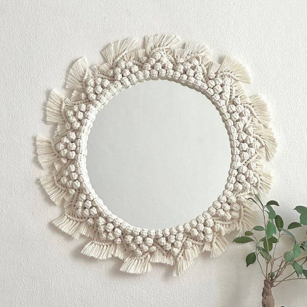 White Macrame Mirror, New Baby Room Decoration , Mandala Macrame Mirror ,  Bead Mirror , Large White Macrame Mirror , Daisy Mirror