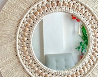 Large Beige Macrame Mirror, Boho Bead Decor