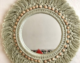 Green Macrame Wall Mirror, Bohemian Home Decor